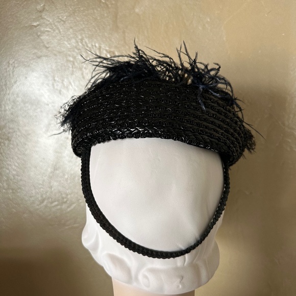 SULTRY 1930s\' BLACK STRAW TILT HAT - OSTRICH FEATHER TRIM + BLUE FABRIC FLOWERS main image 5